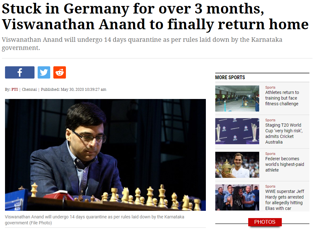 "Stuck in Germany": Viswanathan Anand war schon zum Doppelspieltag angereist, als der Bundesligavorstand alle Begegnungen absagte. Das folgende Vierteljahr verbrachte Anand unfreiwillig in Deutschland in seiner Wohnung in Bad Soden.