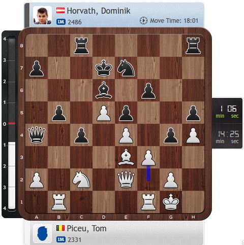 Hier kam Dominik Horvath vom rechten Weg ab. Nicht 27...gxf3, sondern 27...g3 war angezeigt, um die f-Linie geschlossen zu halten und die eigene Dominanz am anderen Flügel auszuspielen.