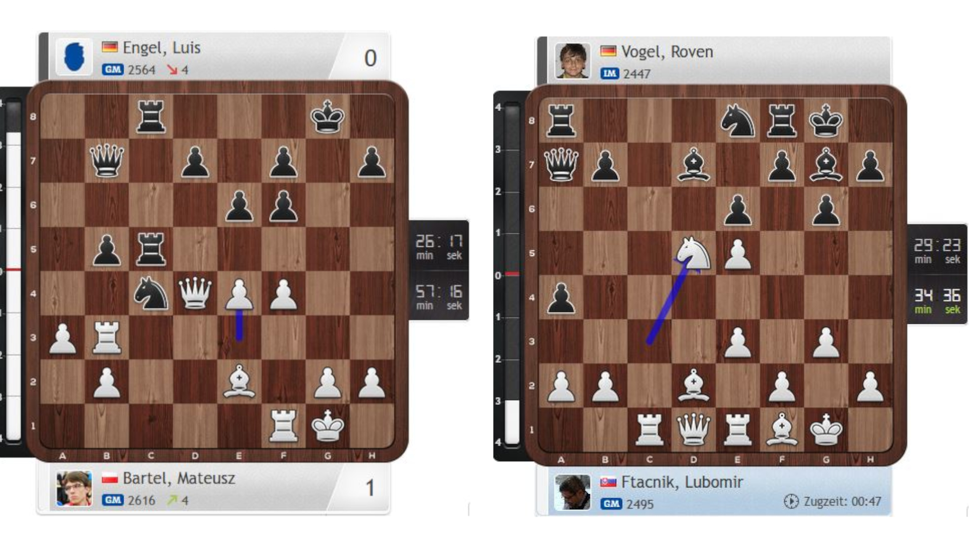 Nach 21.e4 (links) öffnet sich dem Tb3 die dritte Reihe, und der schwarze Monarch gerät in Atemnot. Nach 18.Sxd5 (rechts) hat Weiß in erster Linie eine Figur weniger.