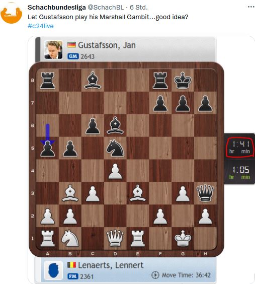 Mit 15...a5 wich Gustafsson von seiner eigenen Empfehlung 15...Ta7 ab - und löste, siehe Uhr, anhaltendes Grübeln auf der anderen Seite des Brettes aus. Die Partie schien in der Folge für Schwarz zu kippen, aber letztlich hielt Weiß seinen Laden zusammen.