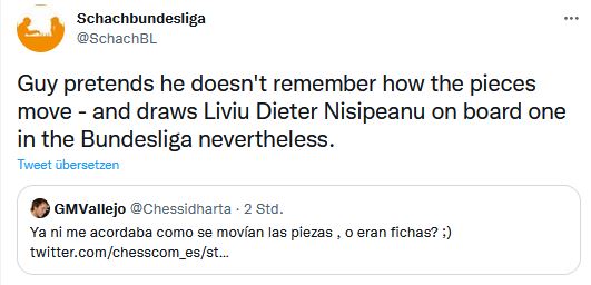 Kaum war die Partie von Francisco Vallejo Pons beendet, meldete sich der Spanier auf Twitter und erklärte, er wisse gar nicht mehr, wie die Figuren ziehen. Für ein Remis gegen Liviu Dieter Nisipeanu hat es trotzdem gereicht.